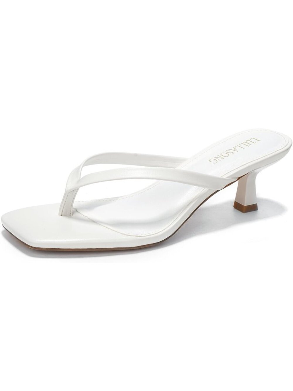 Women's White Faux Leather Square Open Toe Flip Flop Kitten Heel Sandals